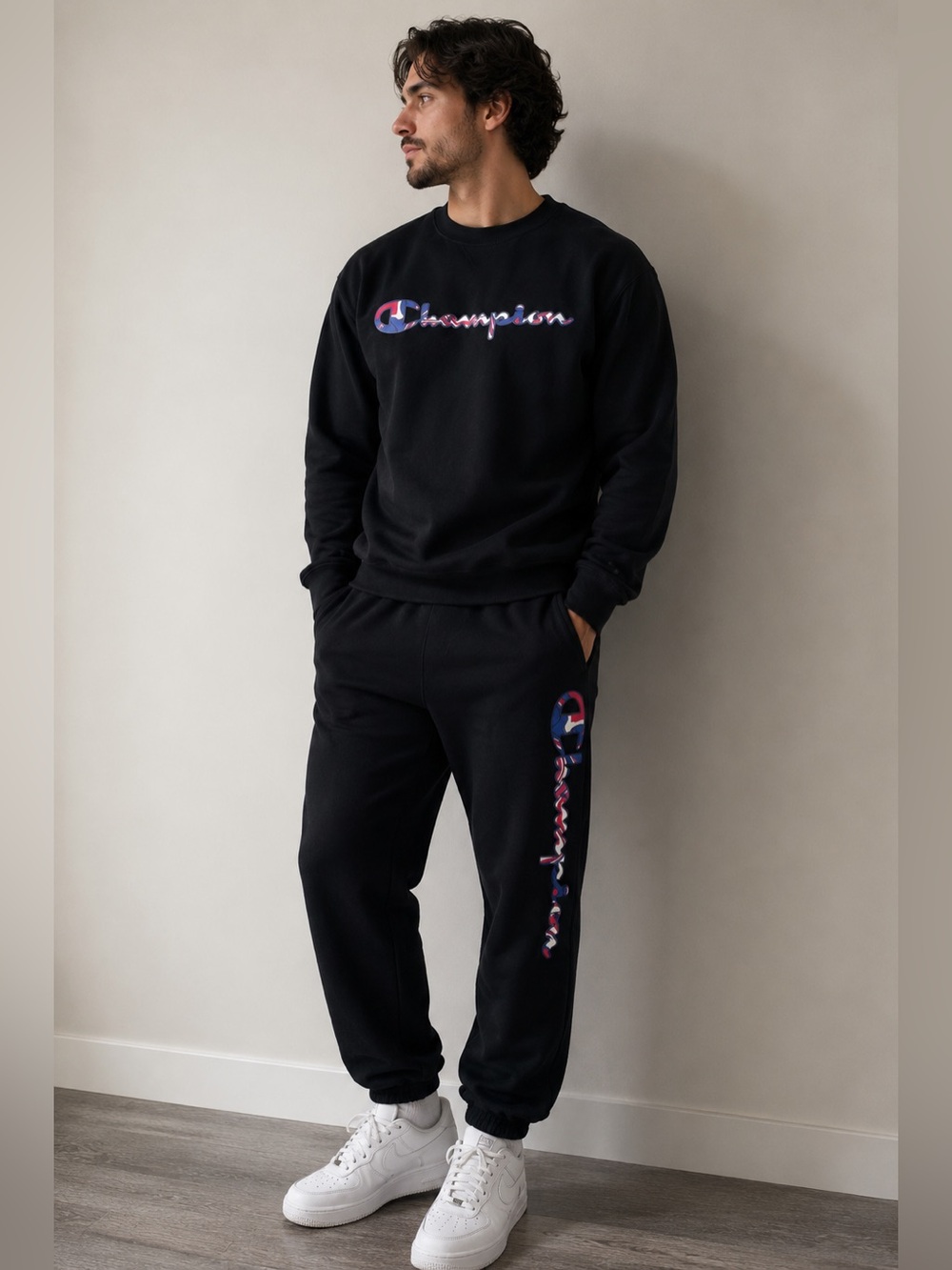 Champion Black Sweatshirt and Jogger Set with Red, White & Blue Logo